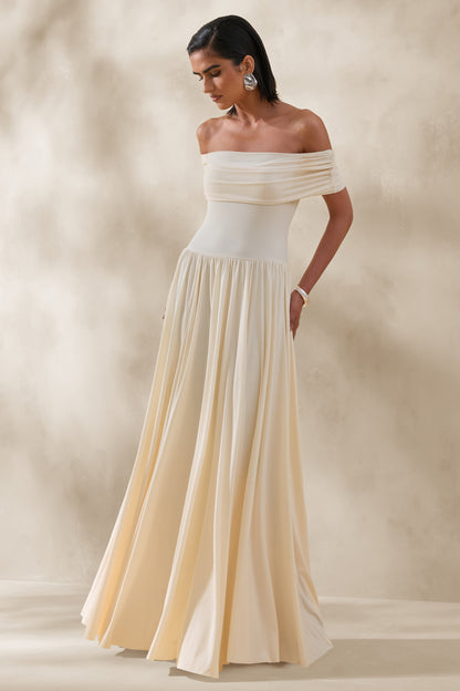 Cindie | Vestido Largo Color Crema De Jersey Elástico Con Escote Bardot