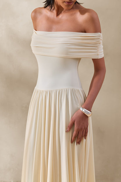 Cindie | Vestido Largo Color Crema De Jersey Elástico Con Escote Bardot