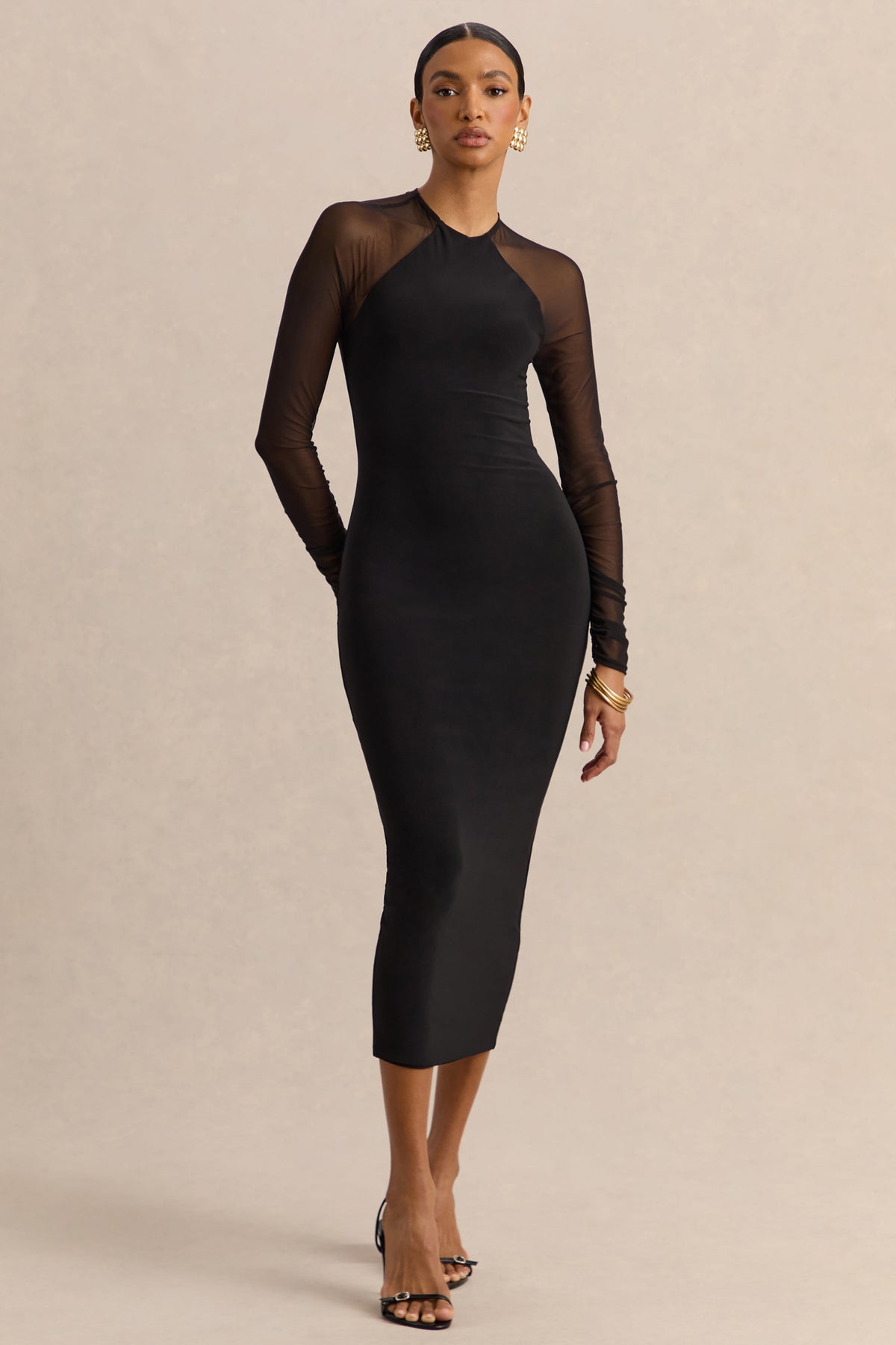 Aurevia | Vestido Midi Negro de Cuello Alto With Long Mesh-Sleeves