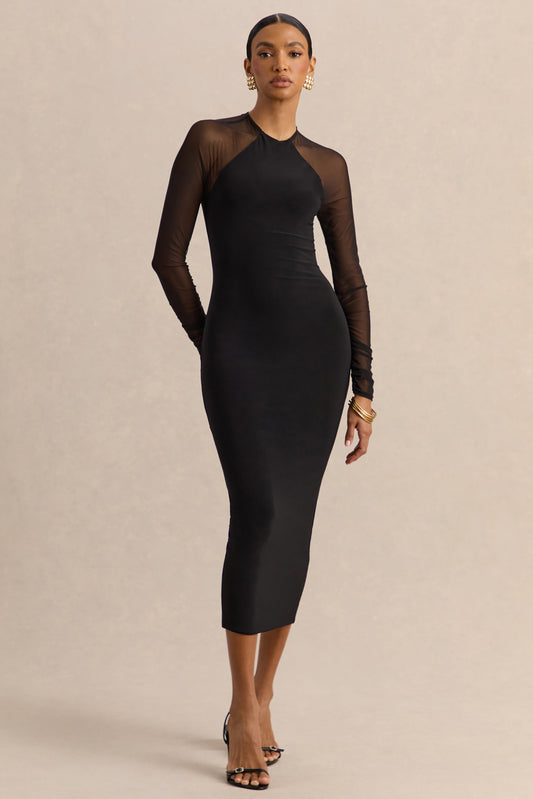 Aurevia | Vestido Midi Negro de Cuello Alto With Long Mesh-Sleeves