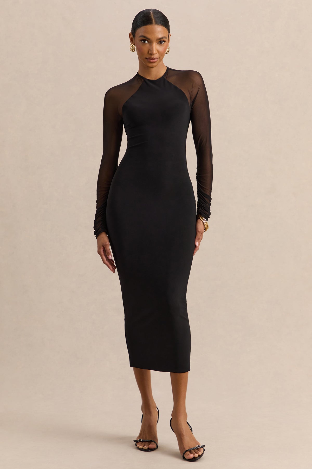 Aurevia | Vestido Midi Negro de Cuello Alto With Long Mesh-Sleeves