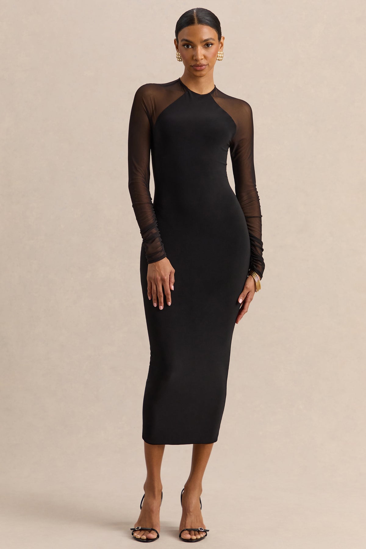 Aurevia | Vestido Midi Negro de Cuello Alto With Long Mesh-Sleeves