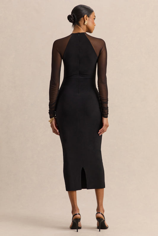 Aurevia | Vestido Midi Negro de Cuello Alto With Long Mesh-Sleeves
