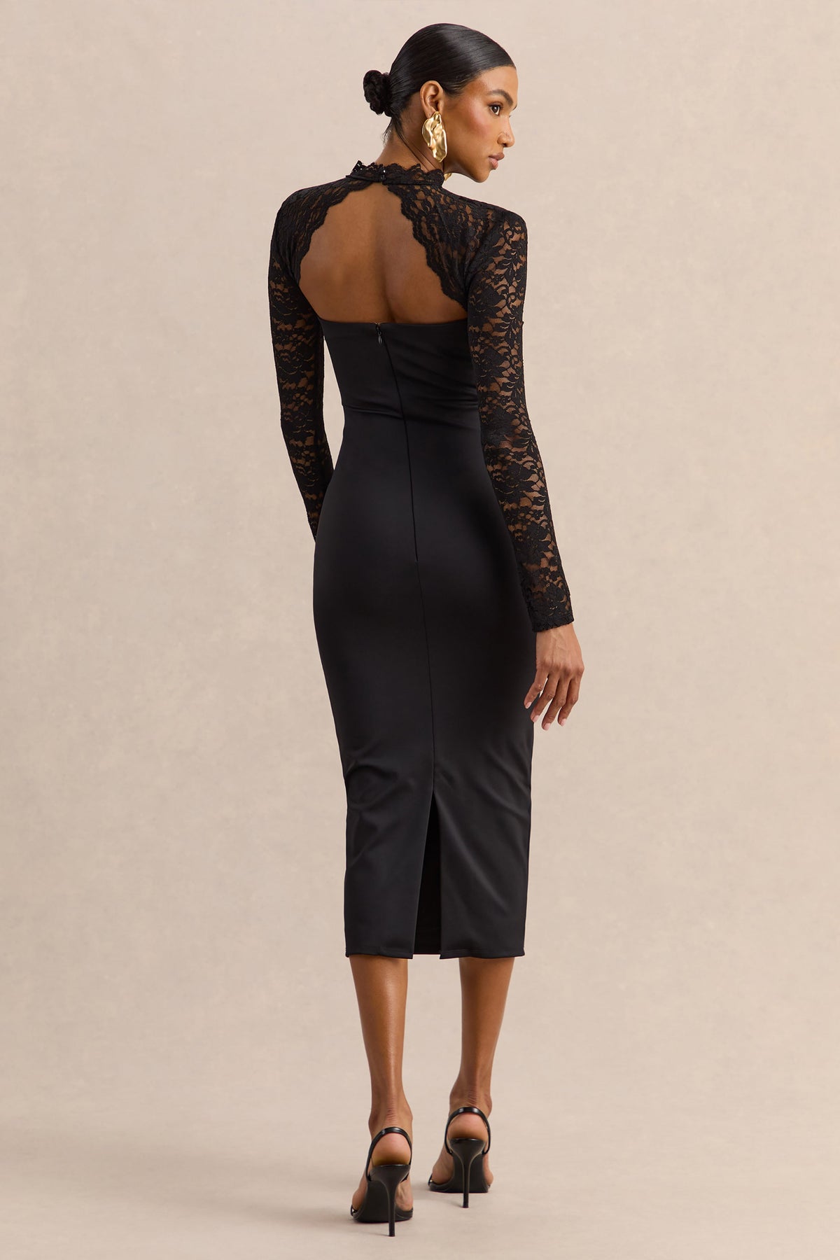Arlune | Vestido Midi Negro Con Cuello Alto Y Mangas Largas De Encaje