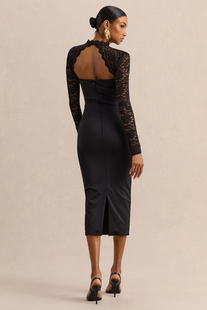 Arlune | Vestido Midi Negro Con Cuello Alto Y Mangas Largas De Encaje