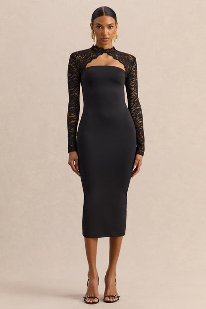 Arlune | Vestido Midi Negro Con Cuello Alto Y Mangas Largas De Encaje