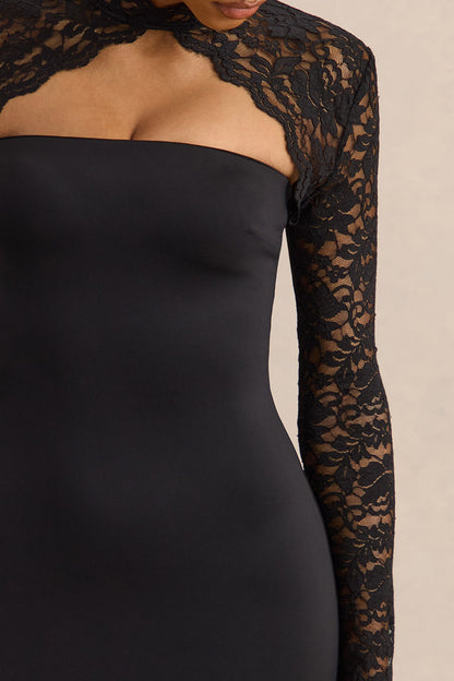 Arlune | Vestido Midi Negro Con Cuello Alto Y Mangas Largas De Encaje