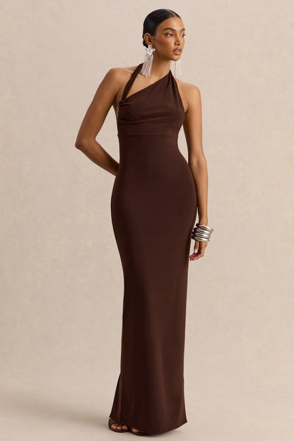 Delisse | Vestido Largo Marrón de Escote Asimétrico