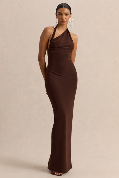 Delisse | Vestido Largo Marrón de Escote Asimétrico