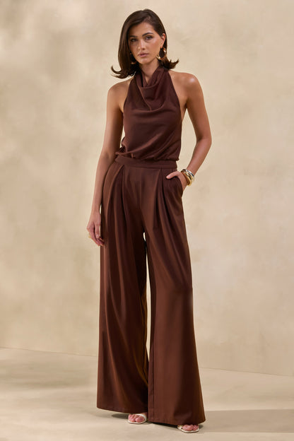 Elisra | Marrón Mono Largo De Satén Con Cuello Halter