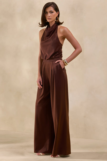 Elisra | Marrón Mono Largo De Satén Con Cuello Halter