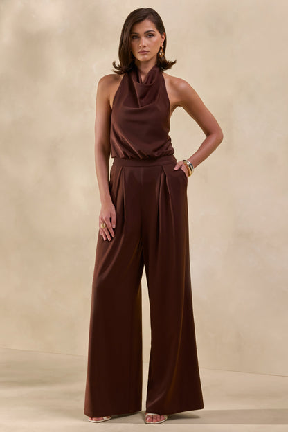 Elisra | Marrón Mono Largo De Satén Con Cuello Halter