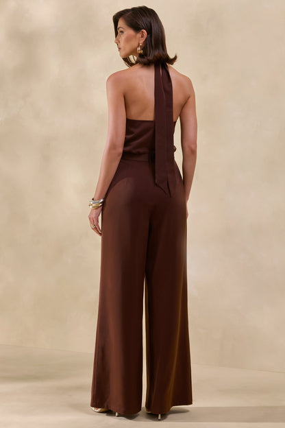 Elisra | Marrón Mono Largo De Satén Con Cuello Halter