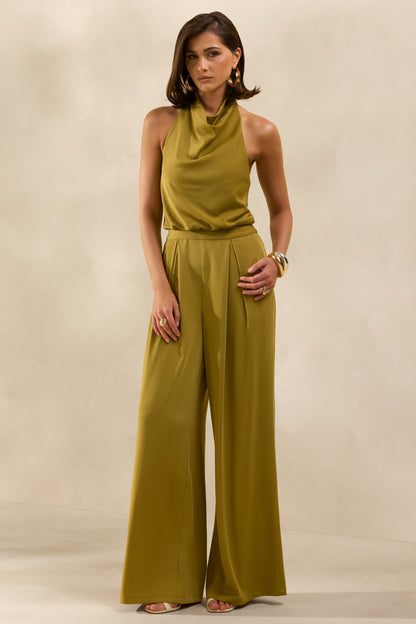 Elisra | Verde Oliva Mono Largo De Satén Con Cuello Halter