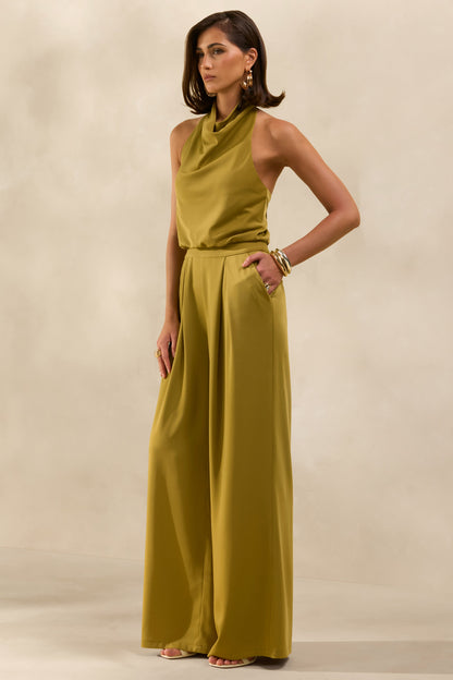 Elisra | Verde Oliva Mono Largo De Satén Con Cuello Halter