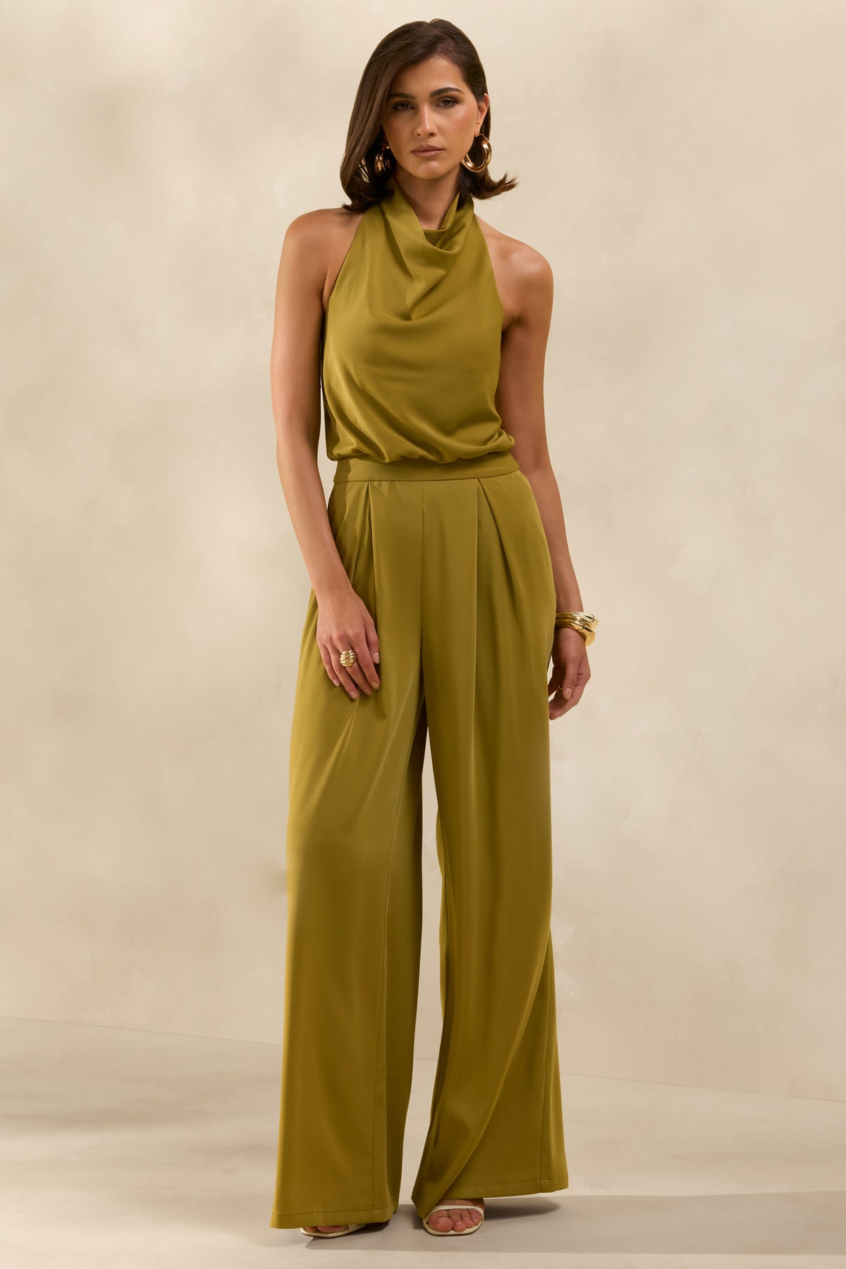 Elisra | Verde Oliva Mono Largo De Satén Con Cuello Halter