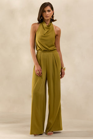Elisra | Verde Oliva Mono Largo De Satén Con Cuello Halter