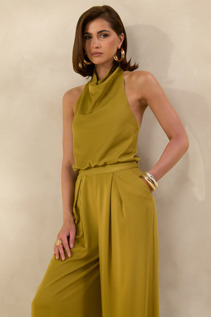 Elisra | Verde Oliva Mono Largo De Satén Con Cuello Halter