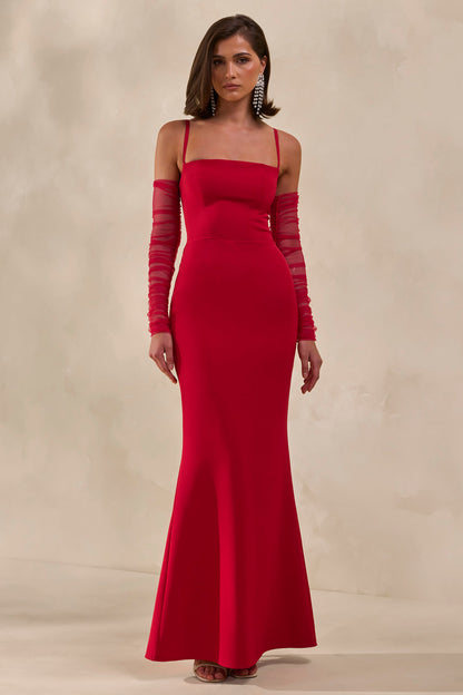 Zavira | Vestido Largo Rojo de Escote Cuadrado