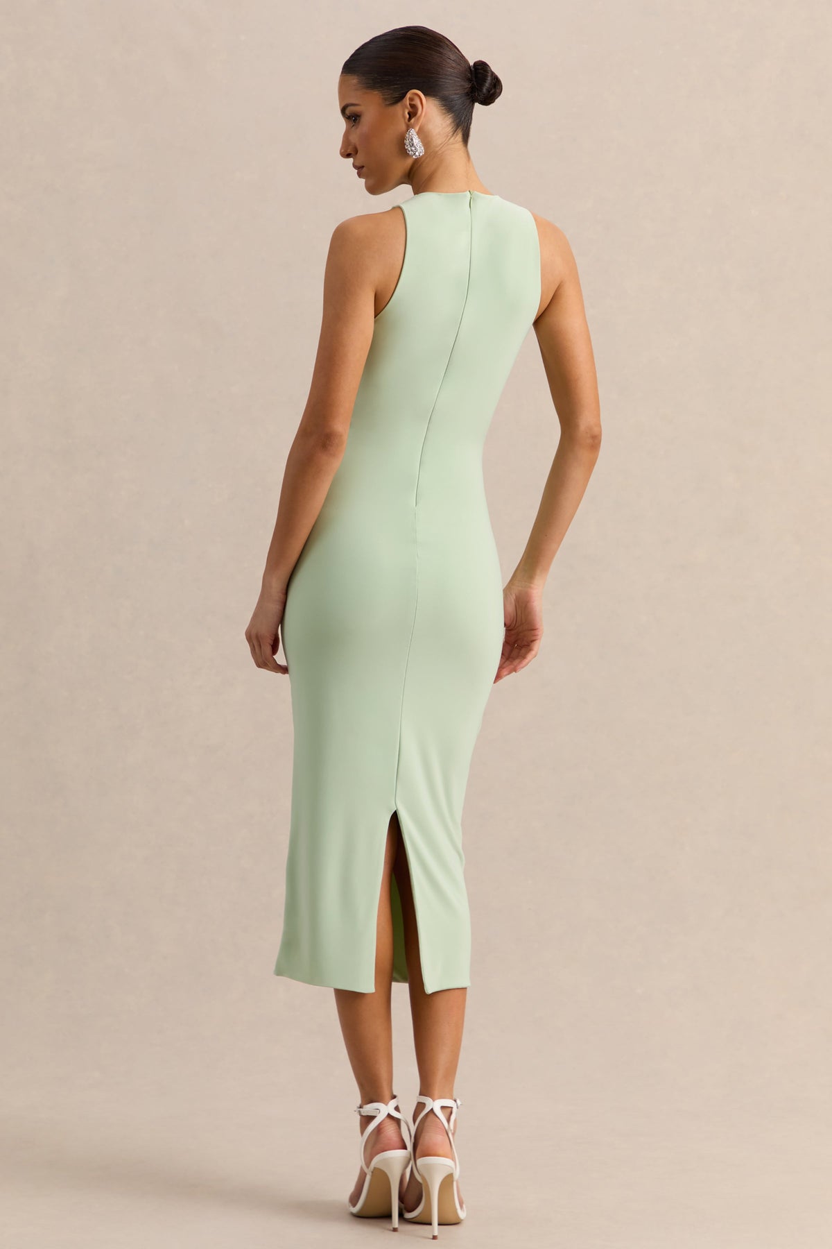 Mirana | Vestido Midi Menta De Jersey Elástico Premium Con Cuello Alto