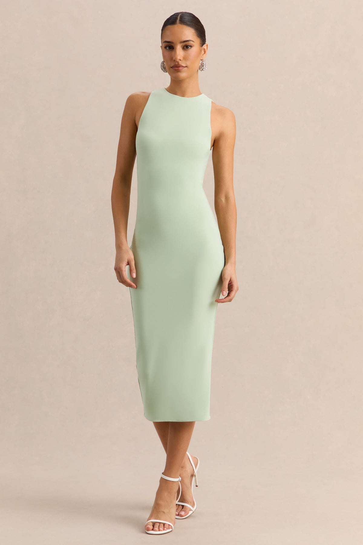 Mirana | Vestido Midi Menta De Jersey Elástico Premium Con Cuello Alto
