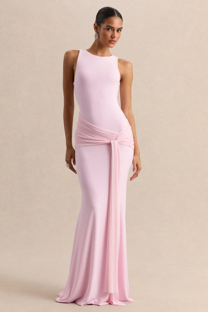 Mirene | Vestido Largo Rosa Claro De Jersey Elástico Premium Con Escote Redondo Y Detalle Fruncido