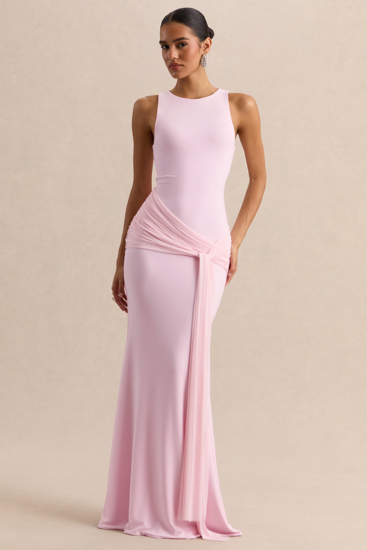 Mirene | Vestido Largo Rosa Claro De Jersey Elástico Premium Con Escote Redondo Y Detalle Fruncido