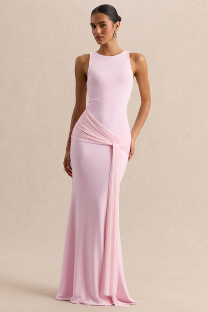 Mirene | Vestido Largo Rosa Claro De Jersey Elástico Premium Con Escote Redondo Y Detalle Fruncido