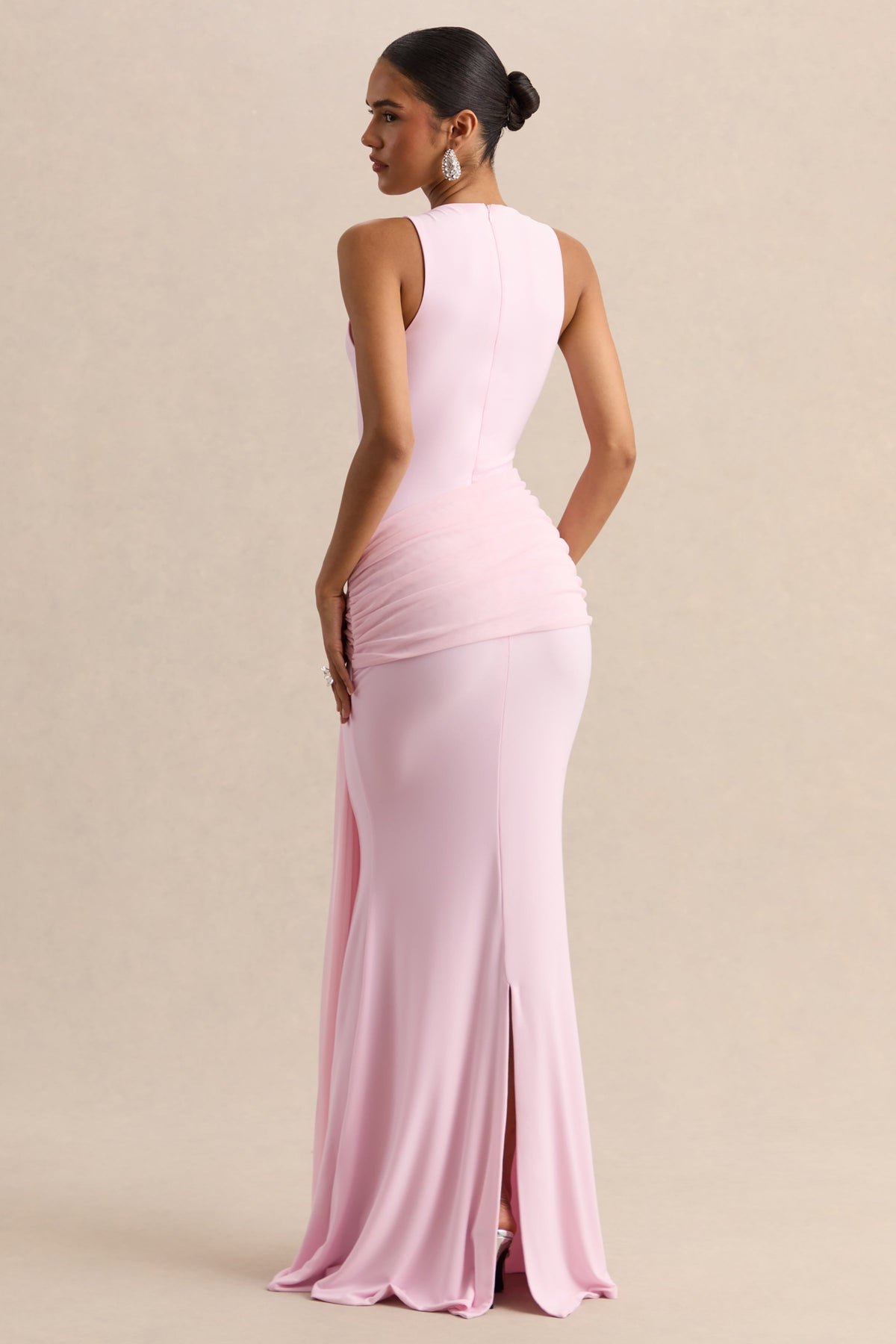 Mirene | Vestido Largo Rosa Claro De Jersey Elástico Premium Con Escote Redondo Y Detalle Fruncido