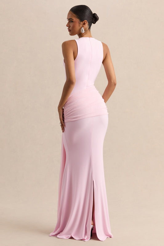 Mirene | Vestido Largo Rosa Claro De Jersey Elástico Premium Con Escote Redondo Y Detalle Fruncido