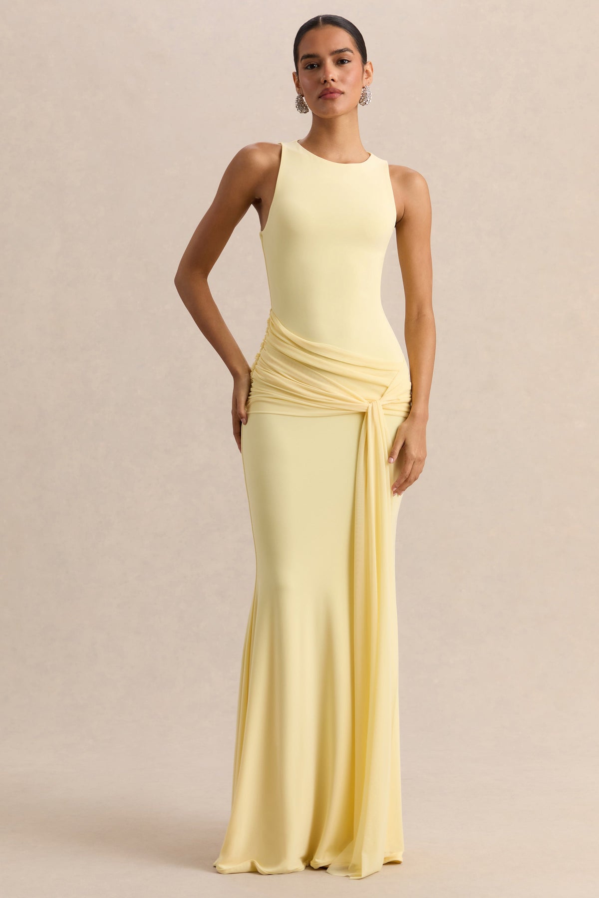 Mirene | Vestido Largo Limón De Jersey Elástico Premium Con Escote Redondo Y Detalle Fruncido