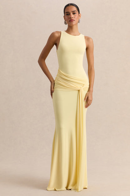 Mirene | Vestido Largo Limón De Jersey Elástico Premium Con Escote Redondo Y Detalle Fruncido