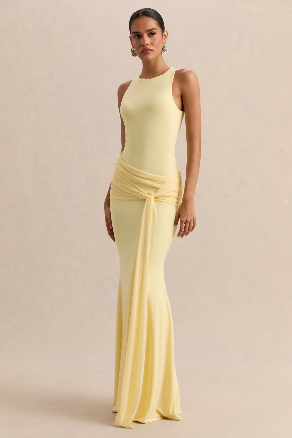 Mirene | Vestido Largo Limón De Jersey Elástico Premium Con Escote Redondo Y Detalle Fruncido