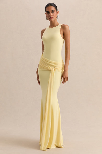 Mirene | Vestido Largo Limón De Jersey Elástico Premium Con Escote Redondo Y Detalle Fruncido
