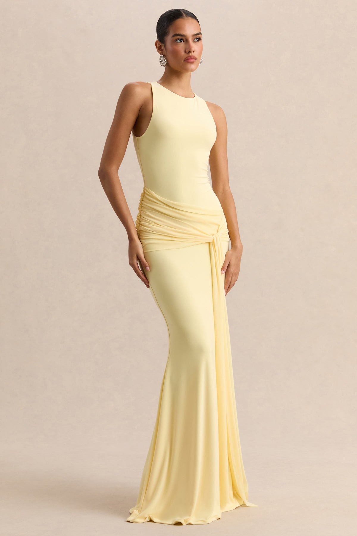 Mirene | Vestido Largo Limón De Jersey Elástico Premium Con Escote Redondo Y Detalle Fruncido