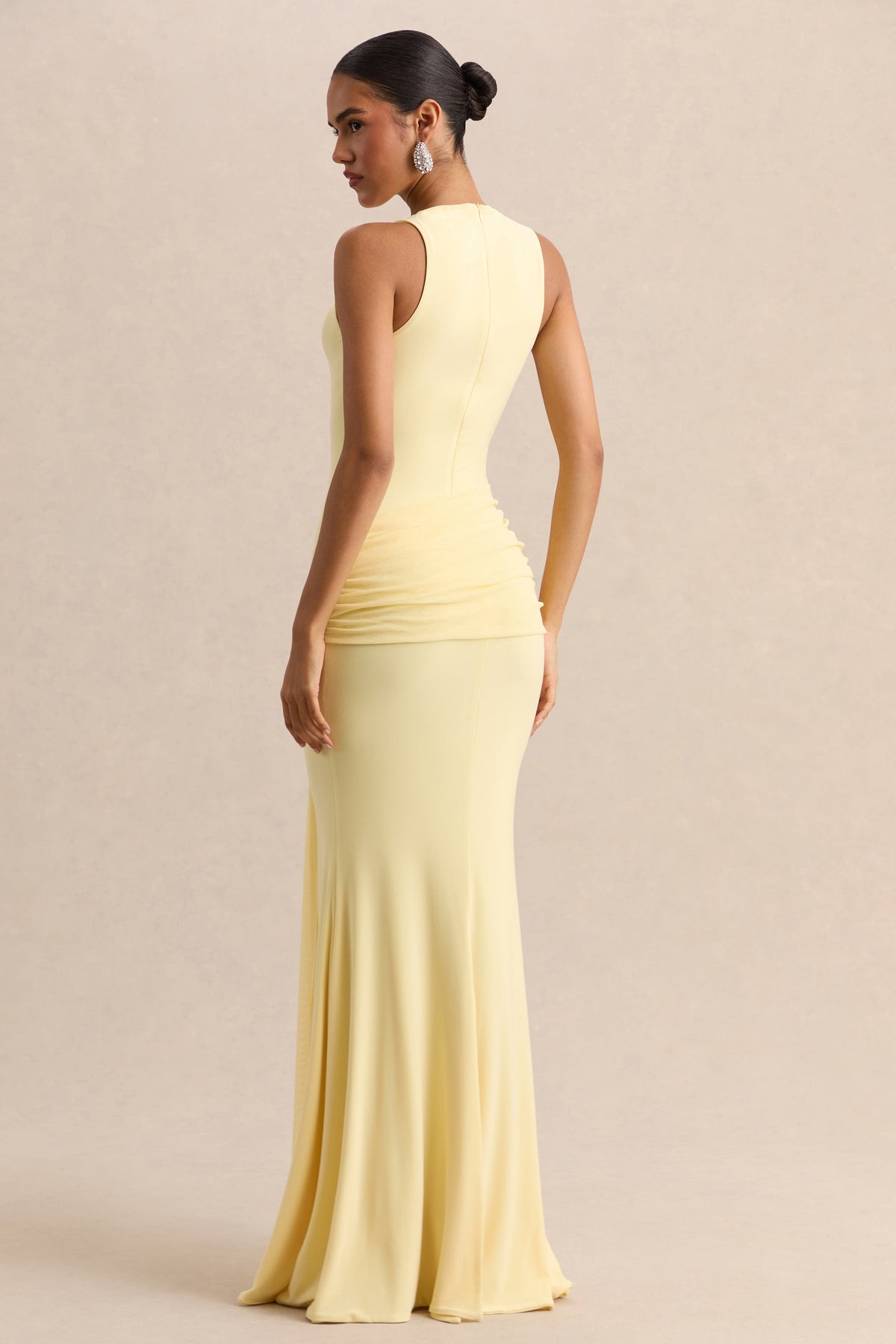 Mirene | Vestido Largo Limón De Jersey Elástico Premium Con Escote Redondo Y Detalle Fruncido