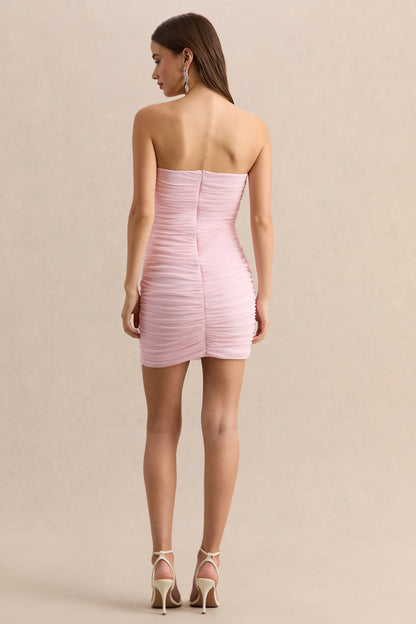 Merisse | Vestido Corto Rosa Claro De Malla Premium Con Escote Bandeau Y Detalle Fruncido