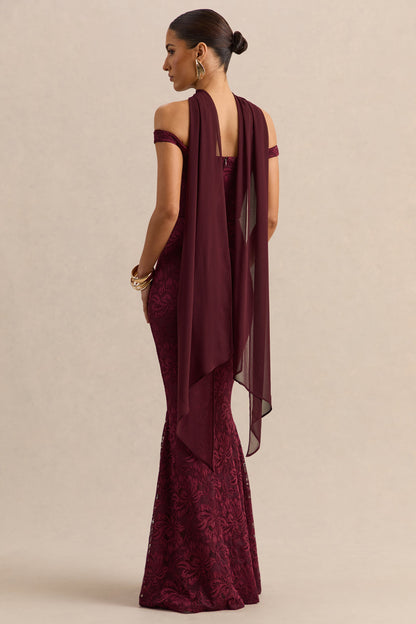 Iselle | Vestido Largo De Encaje Burdeos Con Escote Bardot Y Detalle De Pañuelo