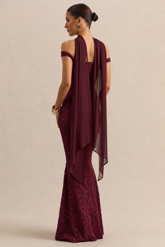 Iselle | Vestido Largo De Encaje Burdeos Con Escote Bardot Y Detalle De Pañuelo