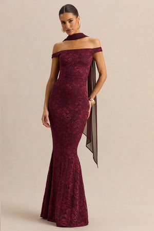 Iselle | Vestido Largo De Encaje Burdeos Con Escote Bardot Y Detalle De Pañuelo