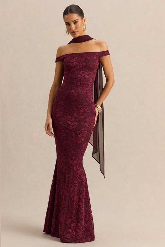 Iselle | Vestido Largo De Encaje Burdeos Con Escote Bardot Y Detalle De Pañuelo