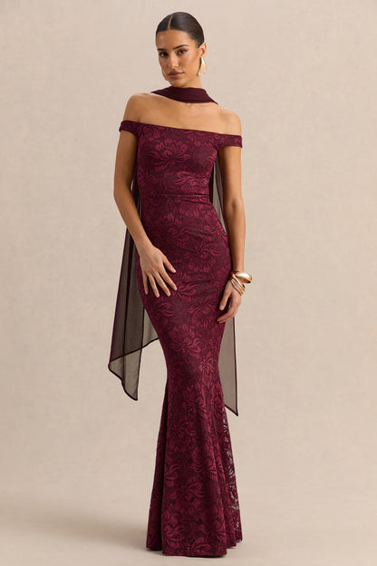 Iselle | Vestido Largo De Encaje Burdeos Con Escote Bardot Y Detalle De Pañuelo