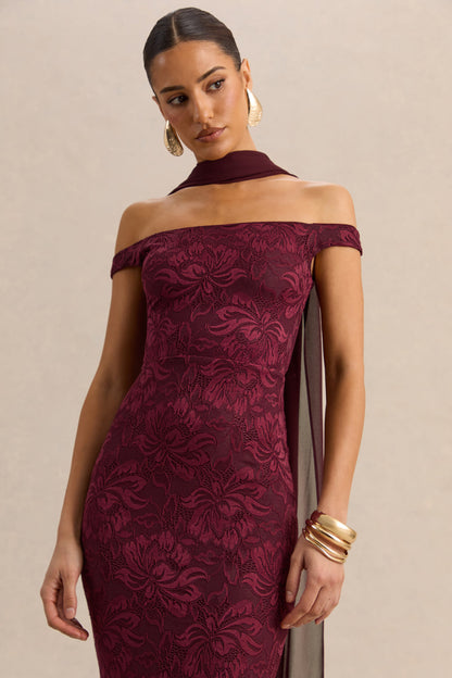 Iselle | Vestido Largo De Encaje Burdeos Con Escote Bardot Y Detalle De Pañuelo