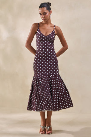 Masie | Falda Midi Marrón De Lunares Con Talle Caído