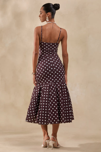 Masie | Falda Midi Marrón De Lunares Con Talle Caído