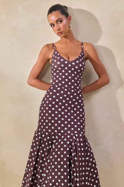 Masie | Falda Midi Marrón De Lunares Con Talle Caído