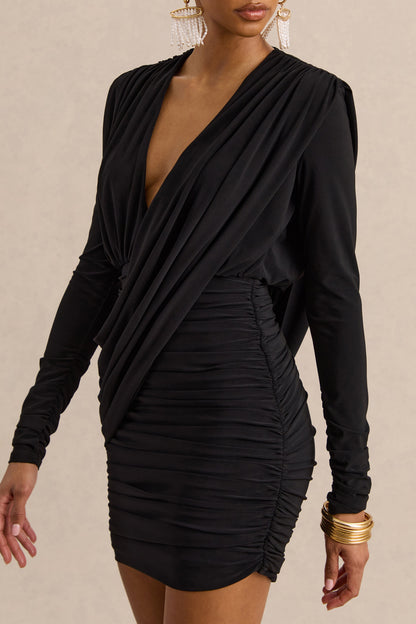 Ajana | Vestido Corto Negro De Escote Pronunciado Con Detalle Cruzado