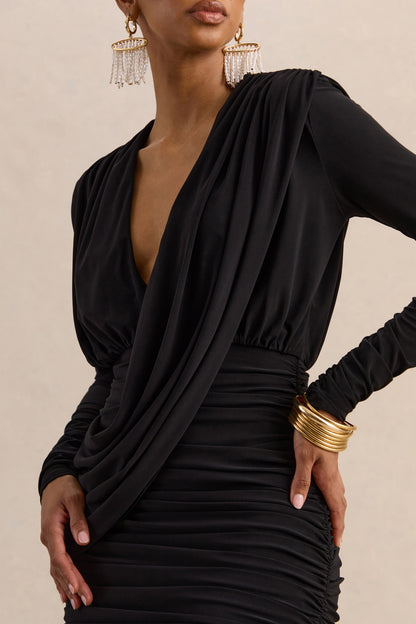 Ajana | Vestido Corto Negro De Escote Pronunciado Con Detalle Cruzado
