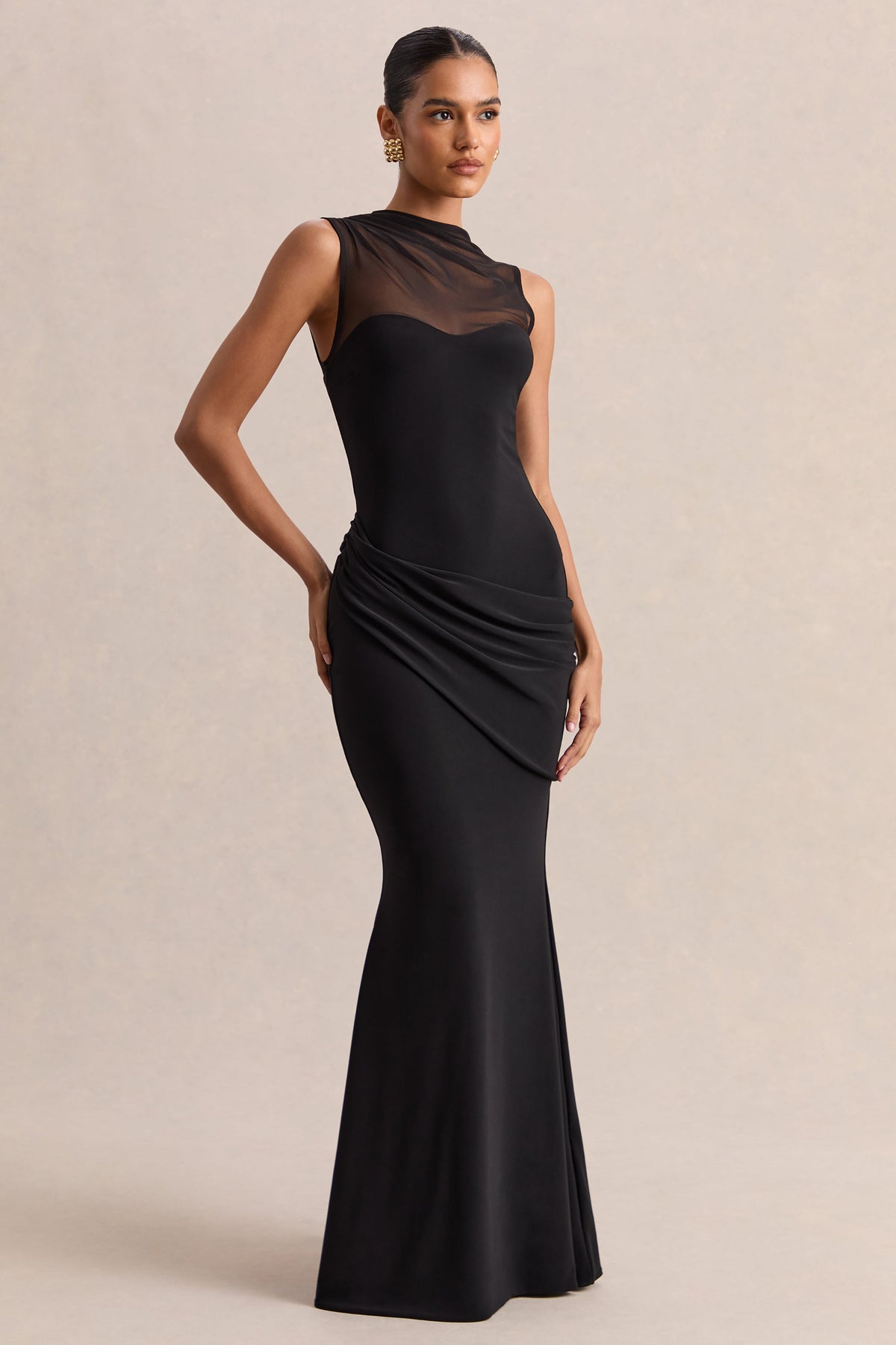 Lyssy | Negro Cuello Alto Vestido Largo con Detalle de Malla