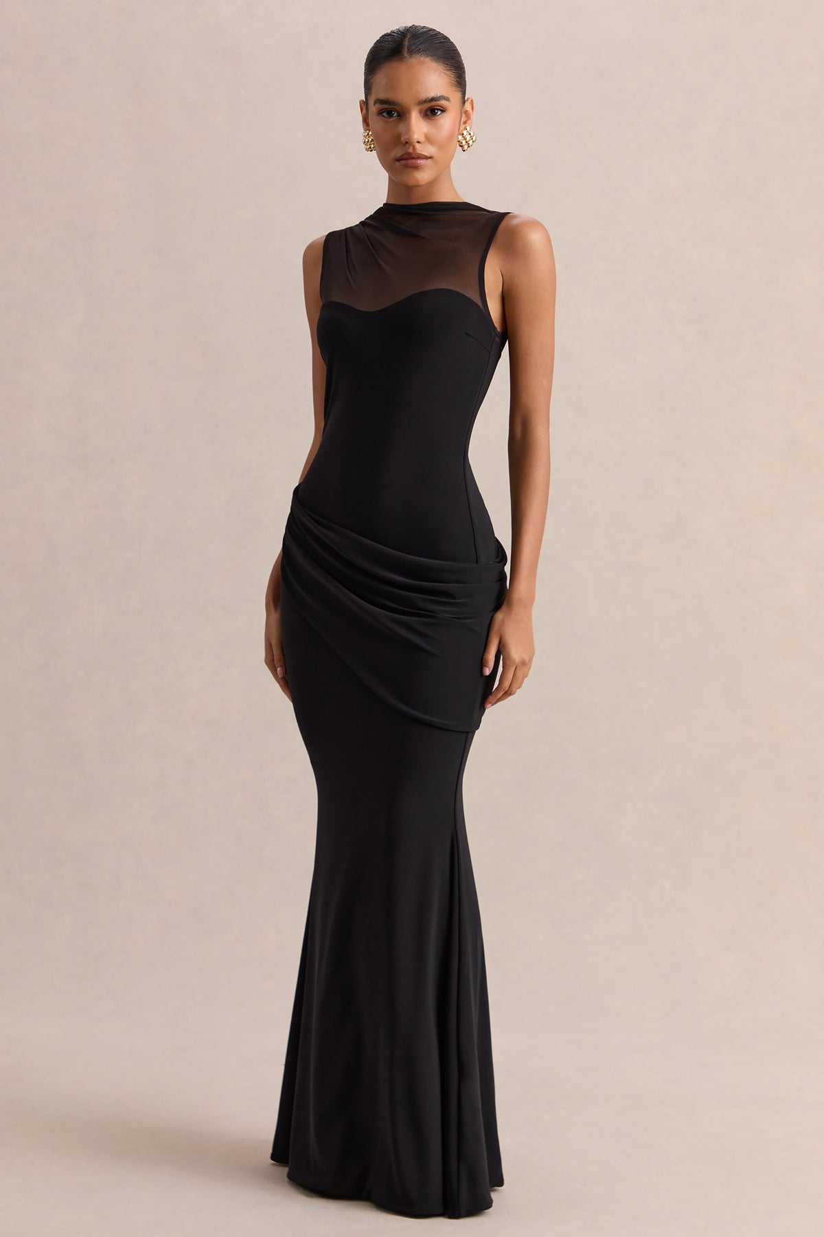 Lyssy | Negro Cuello Alto Vestido Largo con Detalle de Malla